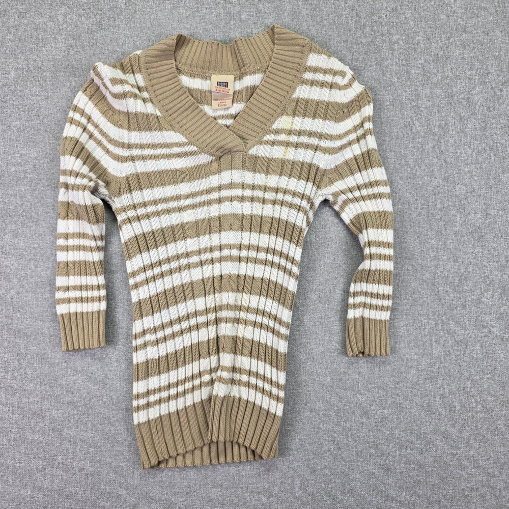 Preppy Y2K Womens S 4/6 Cream Coffee Stripe Cable Knit Sweater